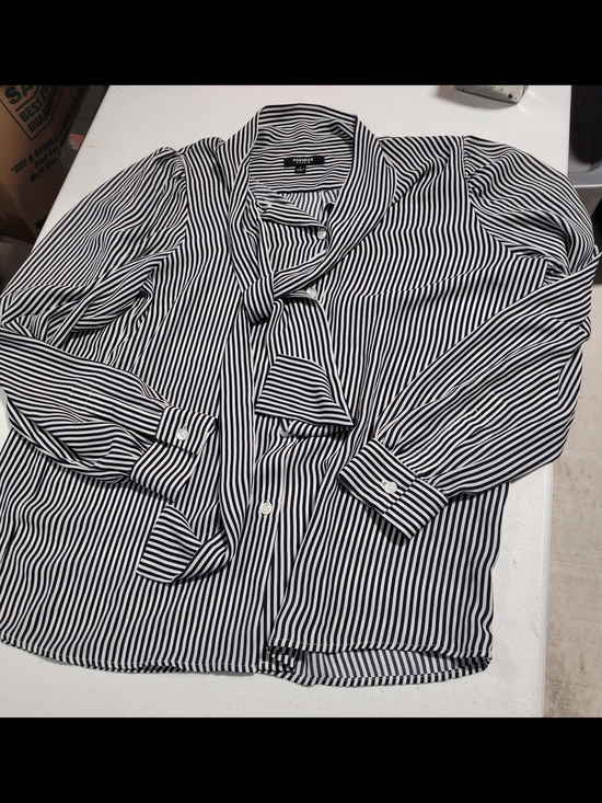 Premise Tops - Premise Black & White Striped Tie-Neck Button-Down Blouse